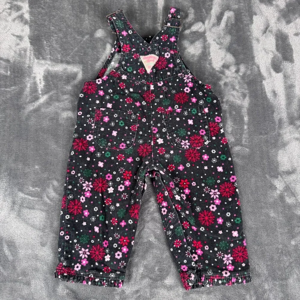 OshKosh B'gosh Baby Girl Size 9 Months Corduroy Overalls Floral Red 100% Cotton